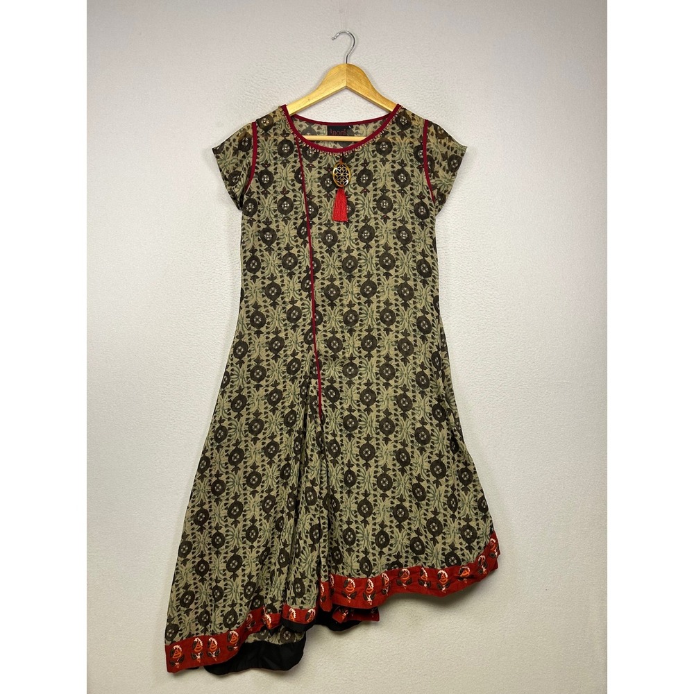 Boho Ethnic Anora Womens Large Green Burgundy Floral Asymmetric Tassel Tunic Top